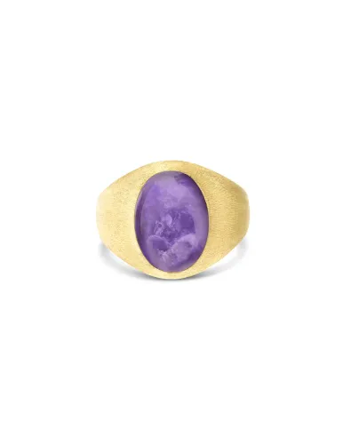 Violetta “Muse” signet ring in engraved gold, lepidolite and mother-of-pearl (small)